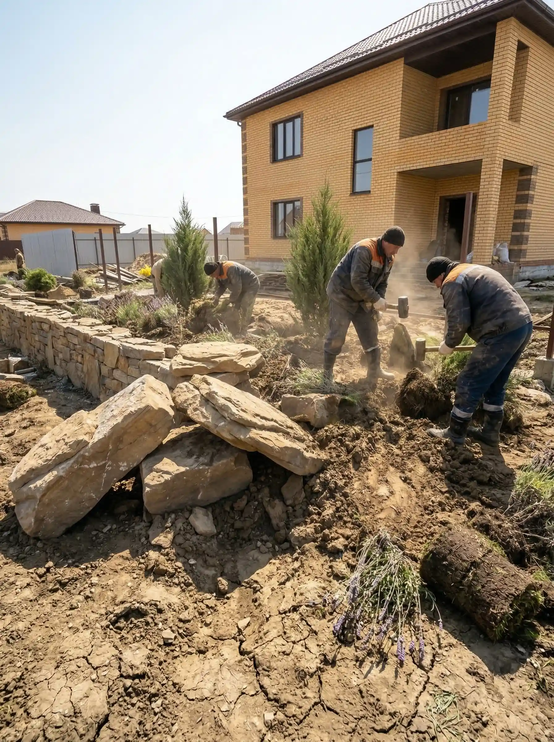 Манипулятор высаживает взрослые сосны-крупномеры