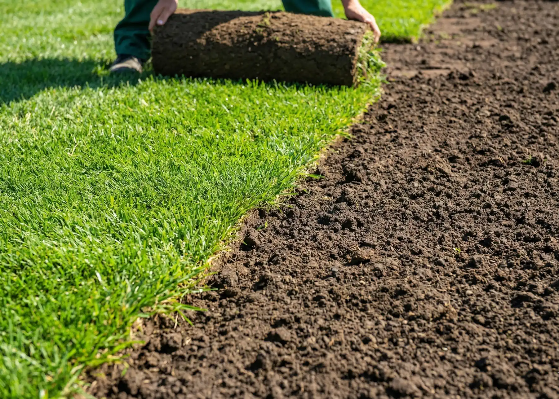 Мастера подготавливают грунт под укладку рулонного газона