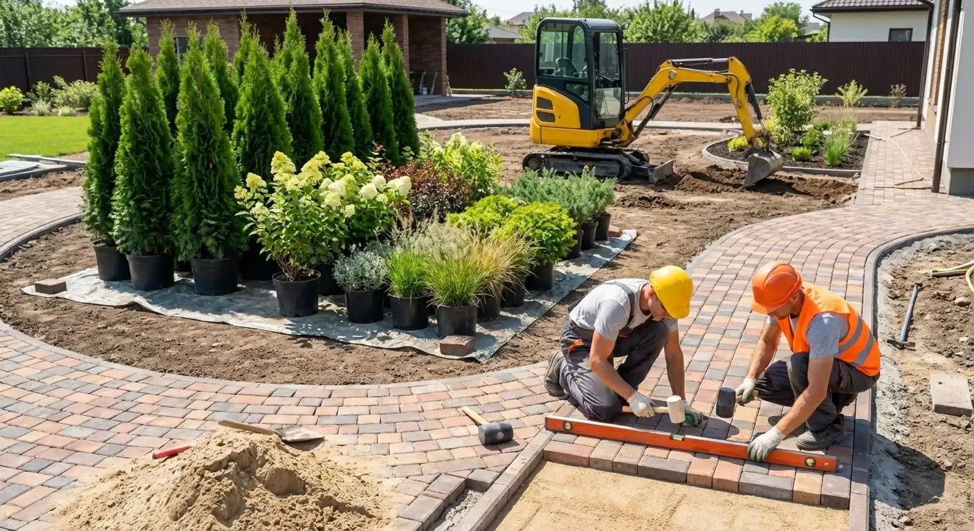 Ландшафтные работы: мощение, посадка крупномеров и рулонный газон